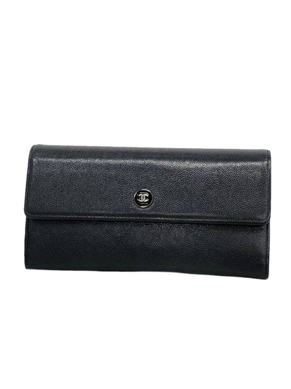 Chanel Wallet Coco Buttons Caviar Leather Black Silver